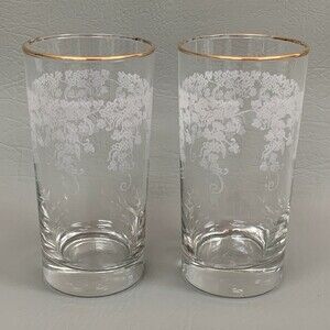 Clear Glasses White Flowers Floral Gold Trim Lot of 2